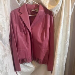Chic Petal Pink Leather Fringe Jacket